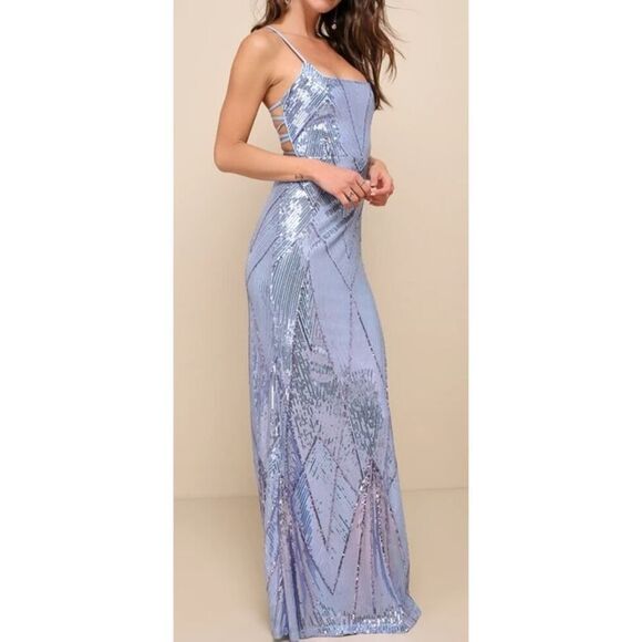 Lulus Flawless Glow Periwinkle Iridescent Sequin Lace-Up Maxi Dress Sz. S - Picture 1 of 9